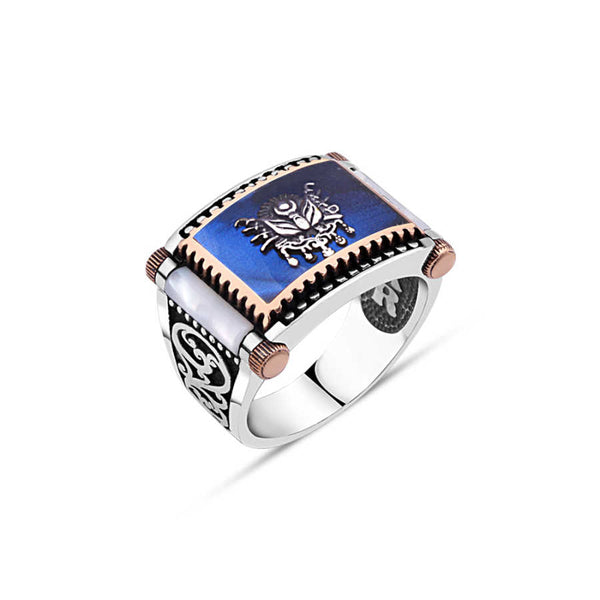 Navy Blue Background Ottoman Coat of Arms Sides Mother-of-Pearl Men's Ring