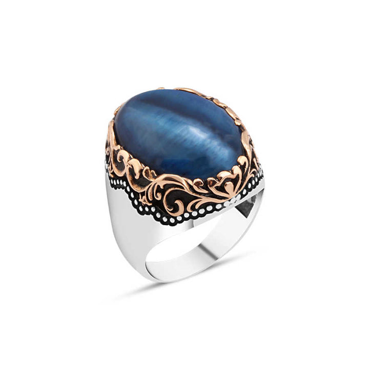 Blue Tiger Eye Stone Men's Ring