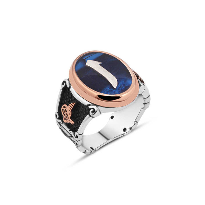 Blue Enamel Top with Elif Written Men's Ring