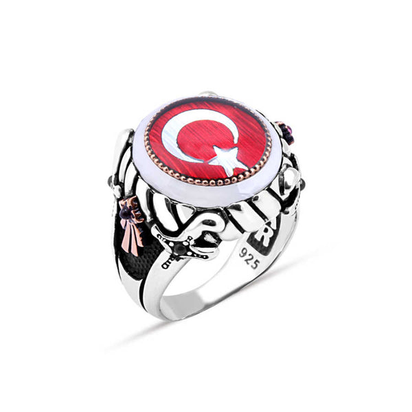 Enameled Turkish Flag Rim Circle Stone Men's Ring