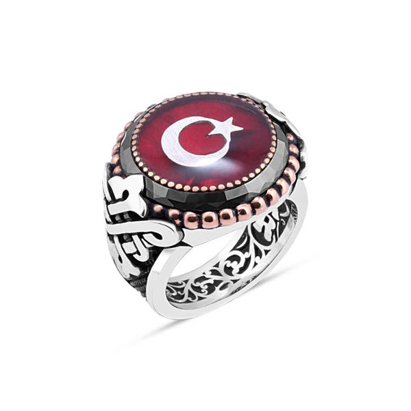 Enameled Turkish Flag Rim Circle Stone Men's Ring