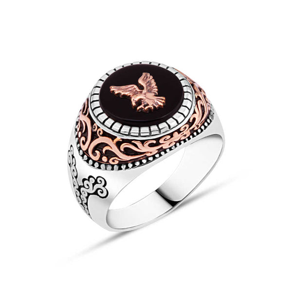 Onyx Stone Eagle Patterned Men's Ring