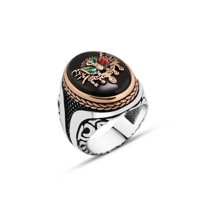 Ottoman Empire Coat of Arms with Enamel on Onyx Stone Men's Ring