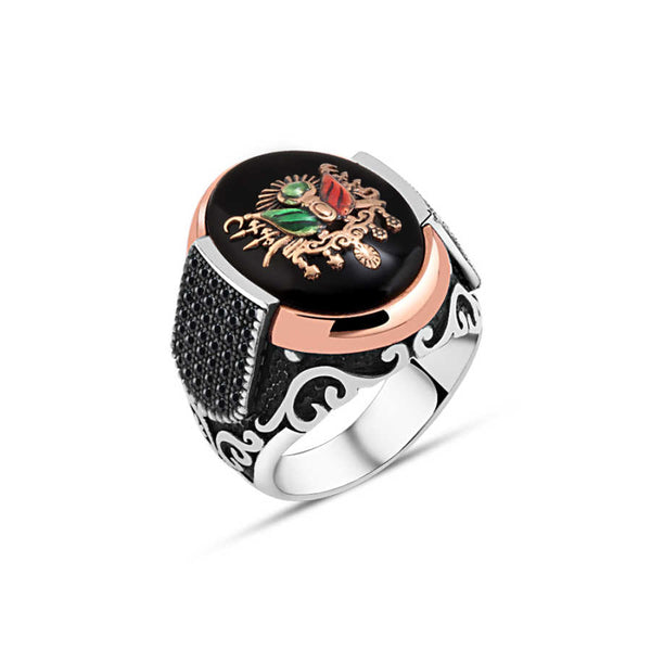 Ottoman Coat of Arms on Onyx Stone Men's Ring with Tiny Zircon Stone on the Sides