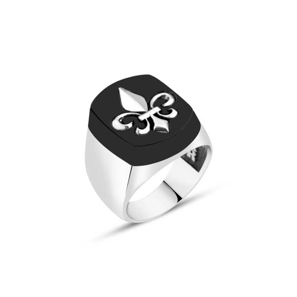 Onyx Stone Lily Symbol Men's Ring