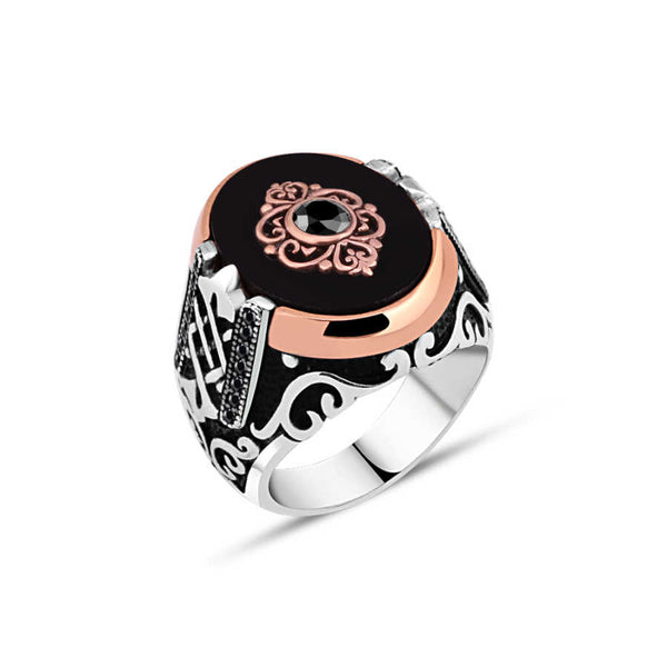 Onyx Stone Men's Ring with Zircon Stone and Motive in the Middle
