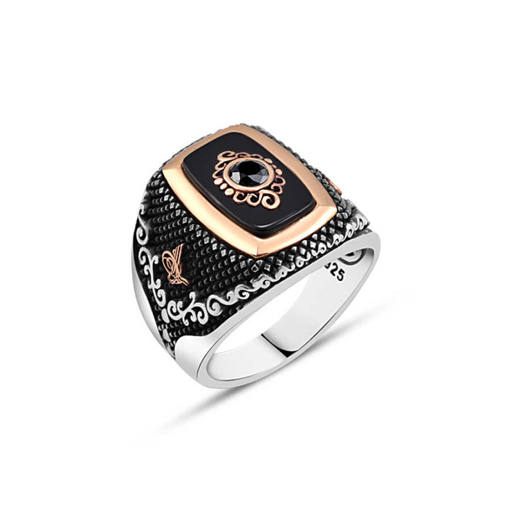 Onyx Stone Men's Ring with Zircon Stone and Motive in the Middle