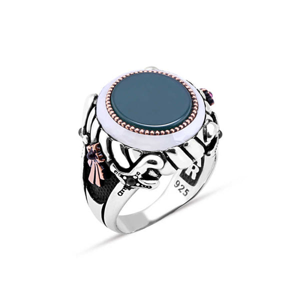 Green Agate Stone and Circle Stone on the Edge Men's Ring