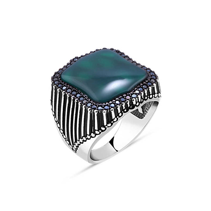 Men's Ring with Green Agate Stone and Tiny Black Zircon Stone on the Edge