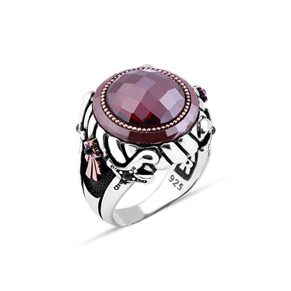 Men's Ring with Red Zircon Stone and a Circle Stone