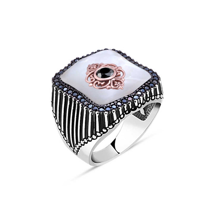 Zircon Stone Motive with Pearl in the middle and Tiny Black Zircon Stone on the Edge Men's Ring