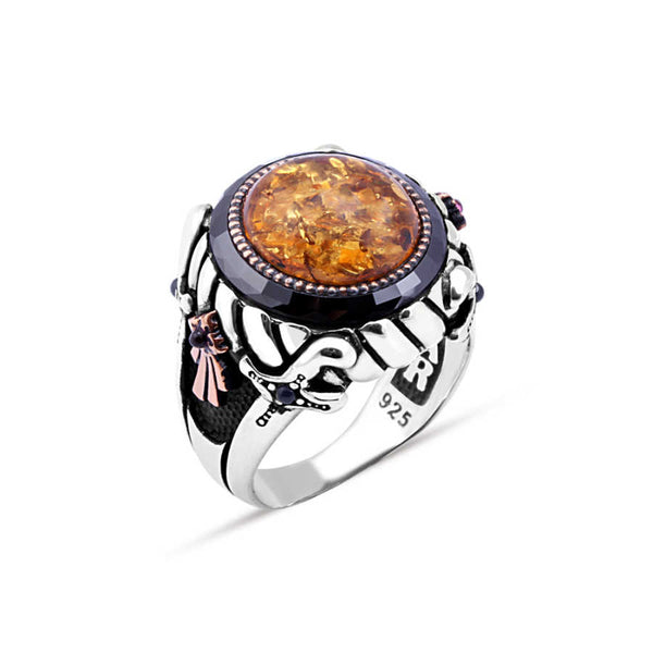 Men's Ring with Synthetic Amber Center Circle Circle Stone