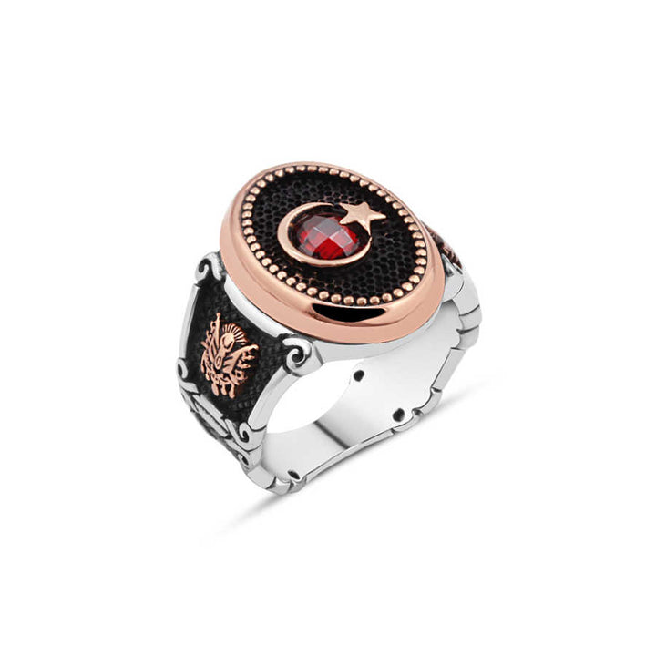 Turkish Flag Men's Ring with Zircon Stone in the Middle