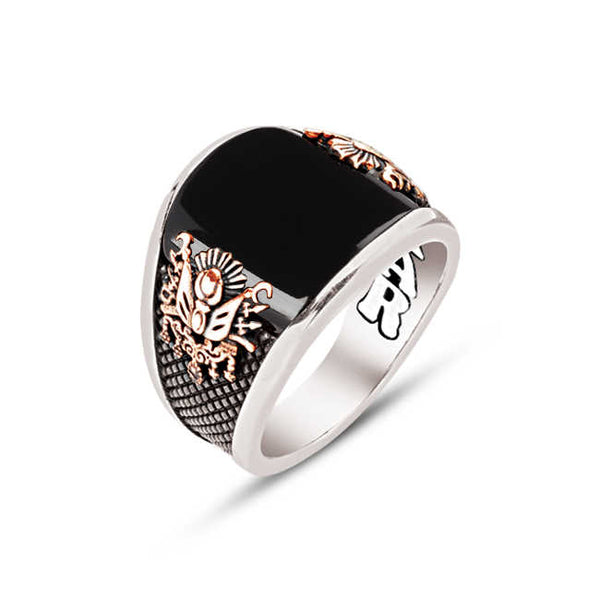 Special Facet Cut Onyx Stone Ottoman Coat of Arms Ring, Ottoman Order of the State