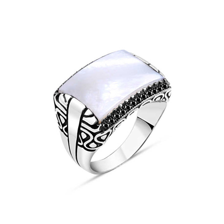 Tiny Black Zircon Stone Ring with Mother-of-Pearl Stone Edges