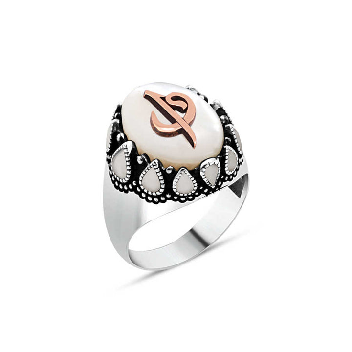 Pearl Stone Top Elif-Vav Sides White Enameled Men's Ring
