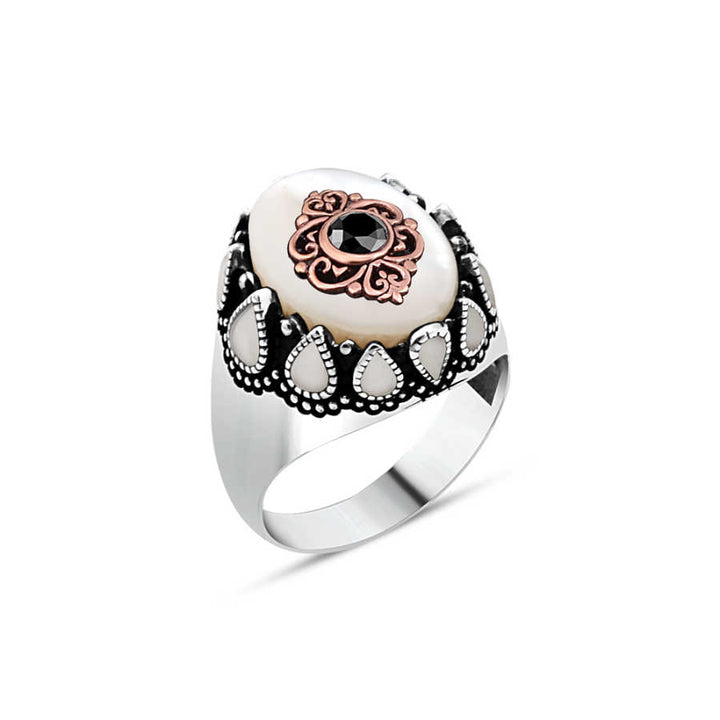 White Enameled Men's Ring with Mother-of-Pearl Stones on the Sides