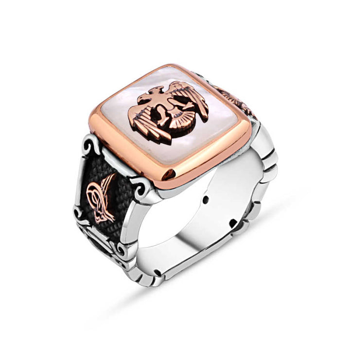 Double Headed Eagle Men's Ring on Mother of Pearl Stone
