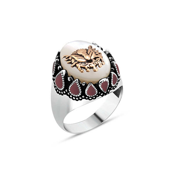 Red Enameled Men's Ring with Mother of Pearl Ottoman Coat of Arms on the Sides