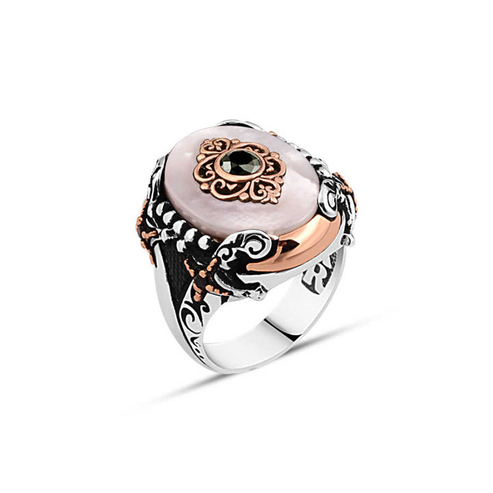 Mother-of-Pearl Stone Men's Ring With Zircon Stone and Sword