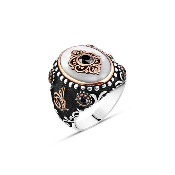 Mother-of-Pearl Stone Men's Ring with Zircon Stone and Motive in the Middle