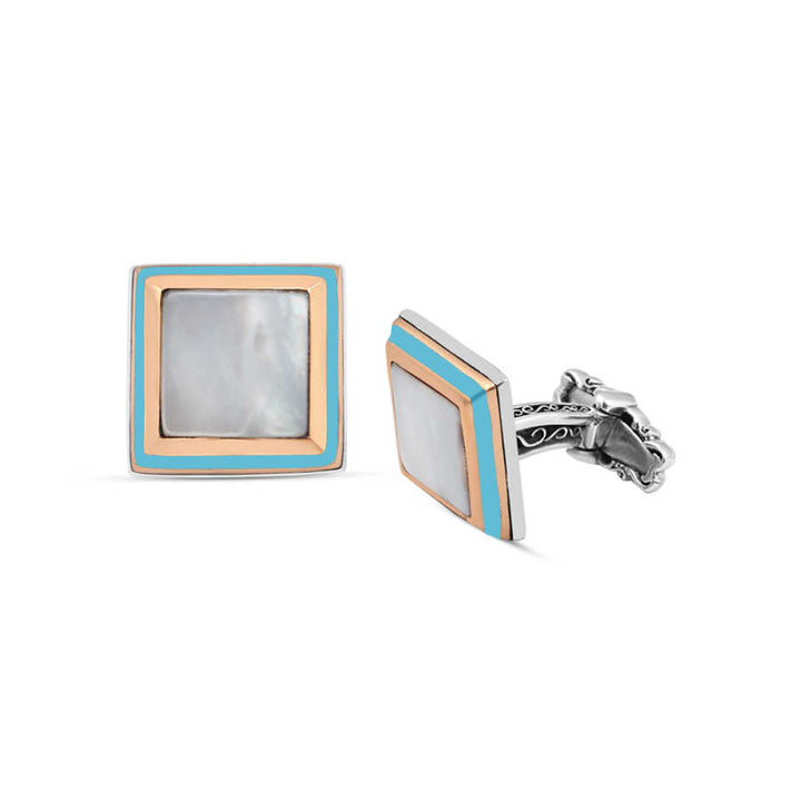 Mother-of-Pearl Stone Blue Enameled Cufflinks