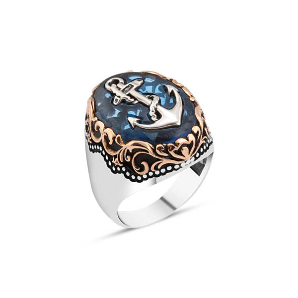 Anchor on Synthetic Amber Stone Men's Ring