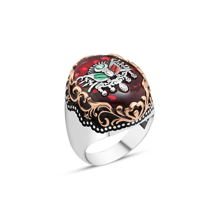 Synthetic Amber Stone Enameled Ottoman State Coat of Arms Men's Ring