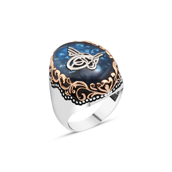 Synthetic Amber Stone Tughra Men's Ring