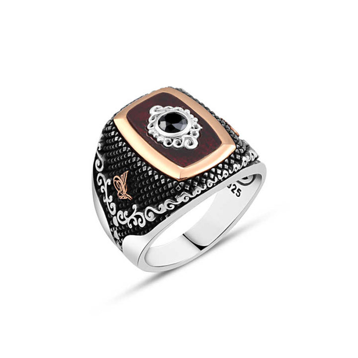 Synthetic Amber Stone Men's Ring with Zircon Stone and Motive in the Middle