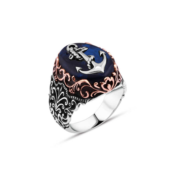 Anchor on Synthetic Amber Men's Ring
