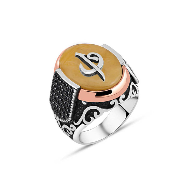 Synthetic Amber Over Elif-Vav Edge Tiny Black Zircon Stone Men's Ring