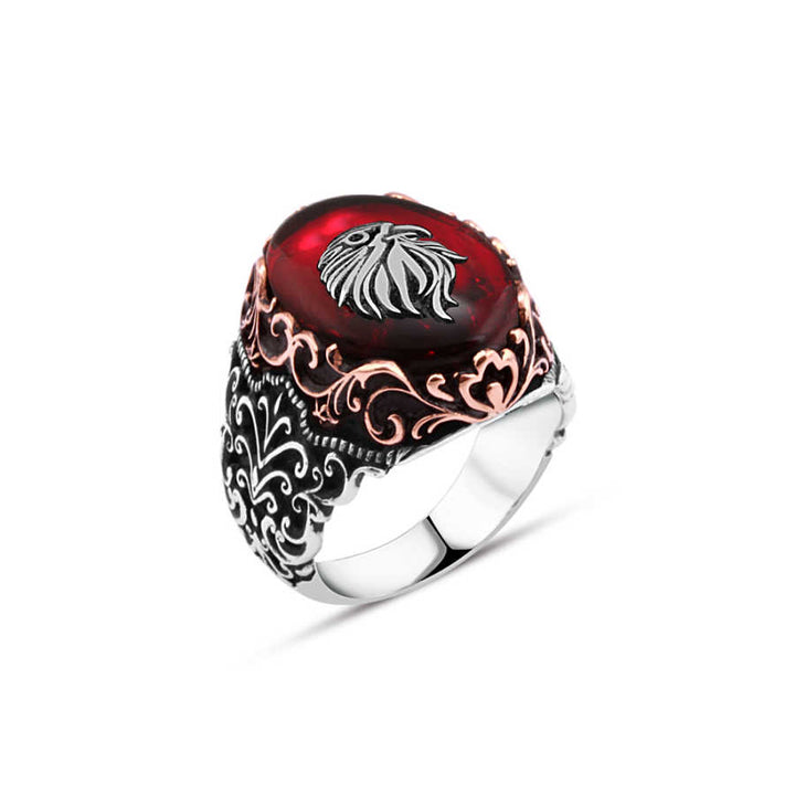 Synthetic Amber Over Eagle Head Men's Ring