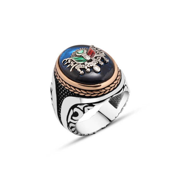 Ottoman Empire Coat of Arms with Enamel on Synthetic Amber Men's Ring
