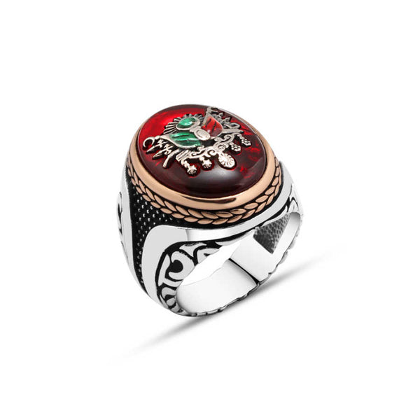 Ottoman Empire Coat of Arms with Enamel on Synthetic Amber Men's Ring