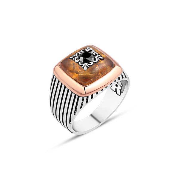 Synthetic Amber over Zircon Stone Men's Ring