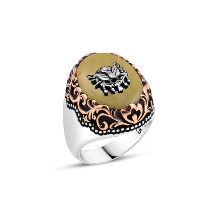 Ottoman Empire Coat of Arms on Synthetic Amber Men's Ring