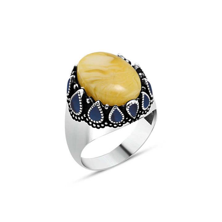 Synthetic Amber Sides Blue Enameled Men's Ring