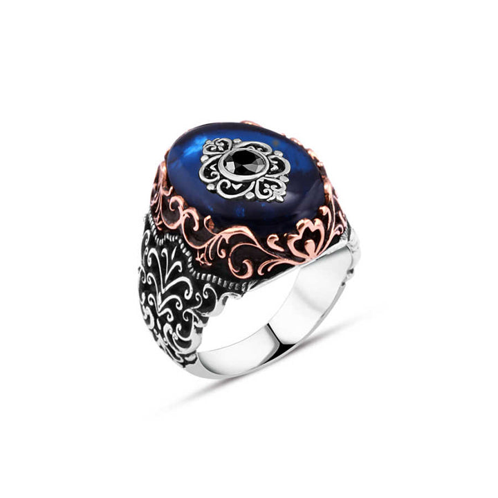 Synthetic Blue Amber Over One Stone Men's Ring