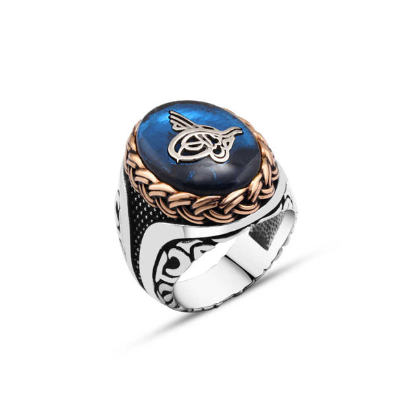 Synthetic Blue Amber Over Tughra Men's Ring