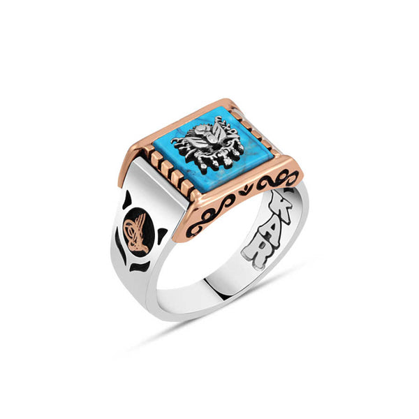 Crimped Turquoise Stone Ottoman Empire Coat of Arms Men's Ring
