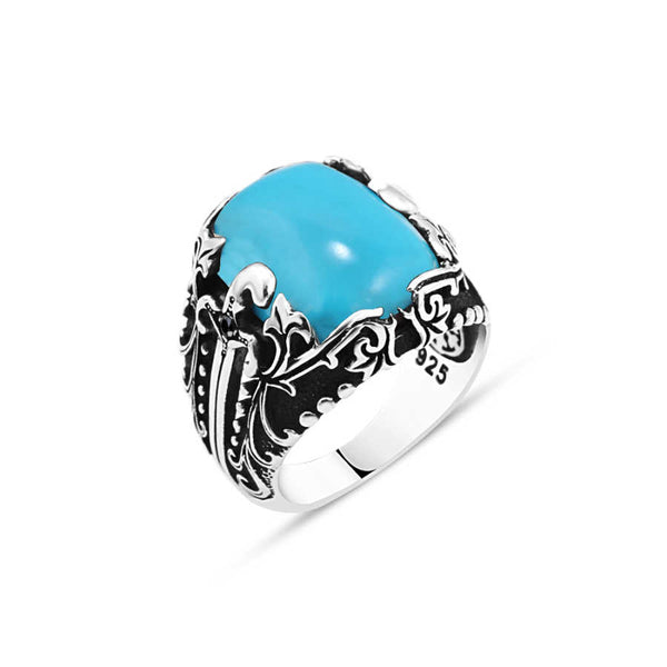 Crimped Turquoise Stone Men's Ring