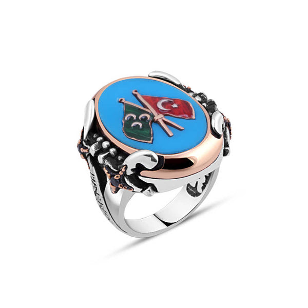 Tightening Turquoise Over Ottoman And Turkish Flag Side Swords Men's Ring