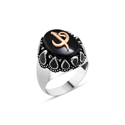 Black Onyx Stone Elif-Vav Sides Black Enameled Men's Ring