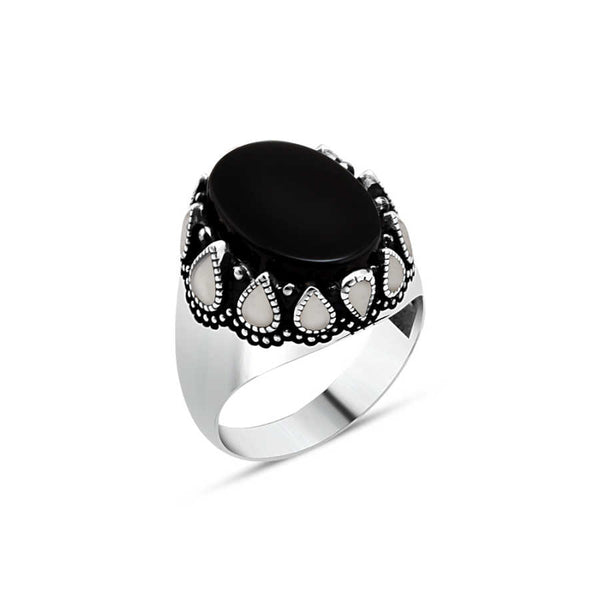 Black Onyx Stone and White Enamel Men's Ring
