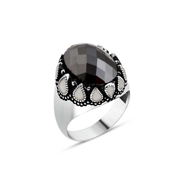 Black Zircon Stone Sides White Enameled Men's Ring