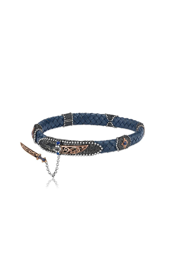 Blue - Genuine Leather Silver Bracelet with Unique Sword Lock Design
