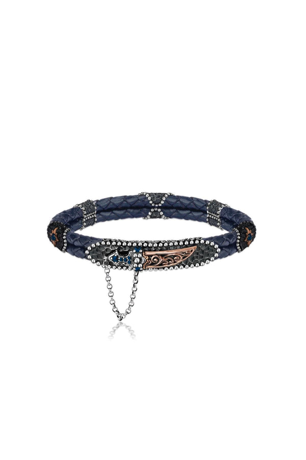 Navy Blue - Genuine Leather Silver Bracelet with Unique Sword Lock Design