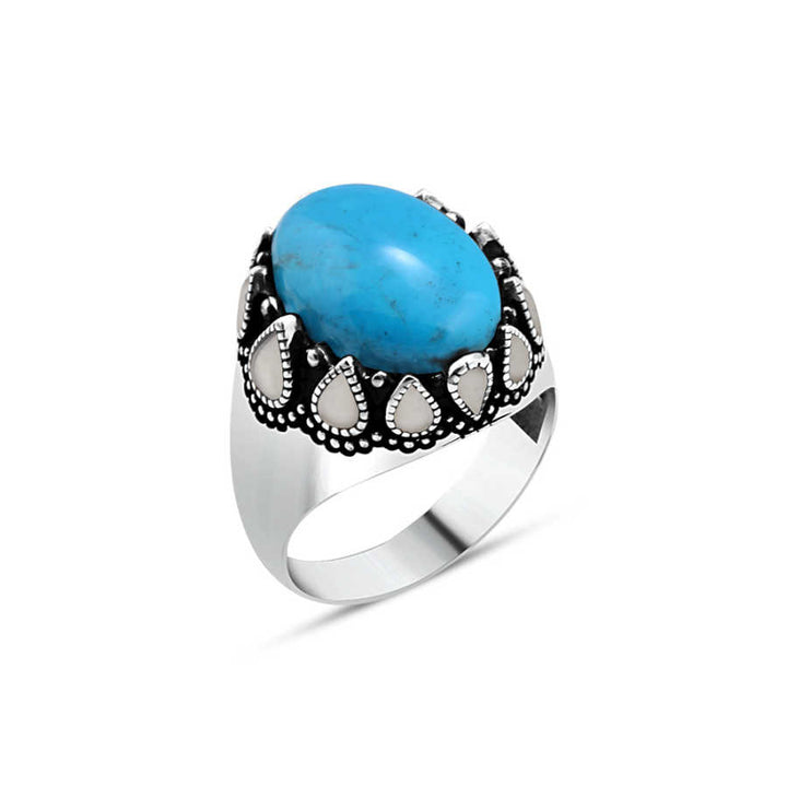 Turquoise Hooded Stone and White Enameled Men's Ring