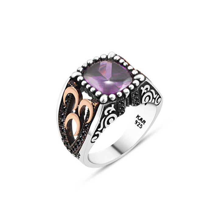 Three Crescent Crescent Men's Ring with Amethyst Stone
